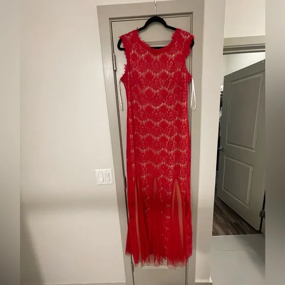 Betsy & Adam Full Length Red Lace Gown